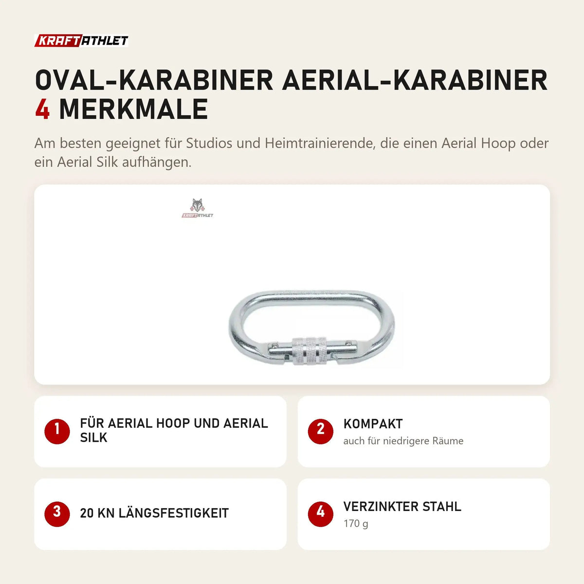 tiguar Oval-Karabiner Aerial-Karabiner mit 4 Merkmalen: Für Aerial Hoop und Aerial Silk, Kompakt, 20 kN Längsfestigkeit, Verzinkter Stahl