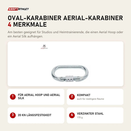 tiguar Oval-Karabiner Aerial-Karabiner mit 4 Merkmalen: Für Aerial Hoop und Aerial Silk, Kompakt, 20 kN Längsfestigkeit, Verzinkter Stahl