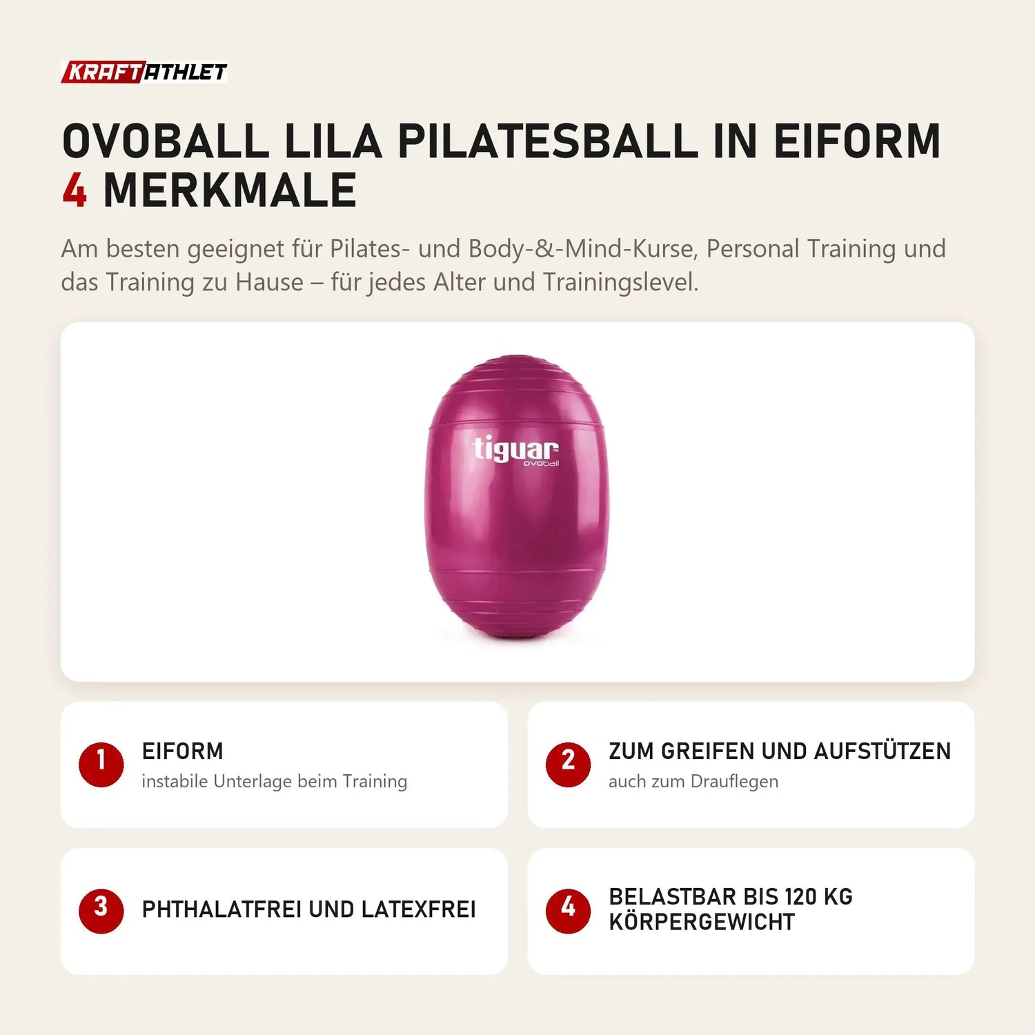 tiguar Ovoball Lila Pilatesball in Eiform mit 4 Merkmalen: Eiform, Zum Greifen und Aufstützen, Phthalatfrei und latexfrei, Belastbar bis 120 kg Körpergewicht