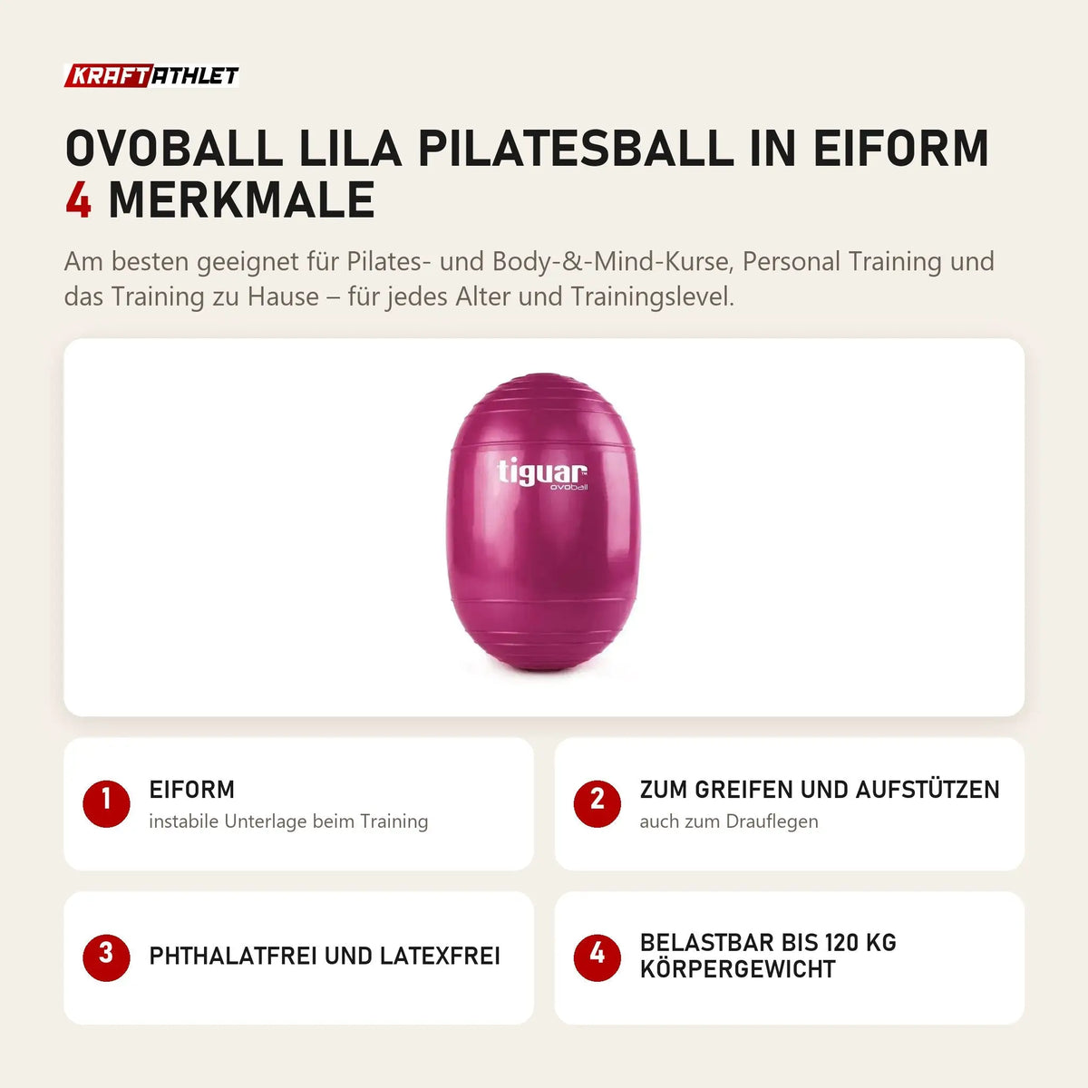 tiguar Ovoball Lila Pilatesball in Eiform mit 4 Merkmalen: Eiform, Zum Greifen und Aufstützen, Phthalatfrei und latexfrei, Belastbar bis 120 kg Körpergewicht