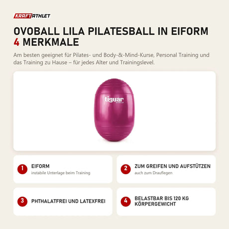 tiguar Ovoball Lila Pilatesball in Eiform mit 4 Merkmalen: Eiform, Zum Greifen und Aufstützen, Phthalatfrei und latexfrei, Belastbar bis 120 kg Körpergewicht