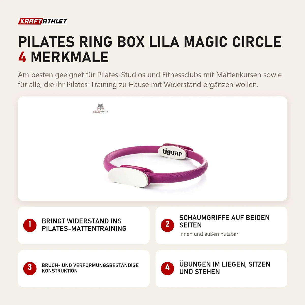 tiguar Pilates Ring BOX Lila Magic Circle mit 4 Merkmalen: Bringt Widerstand ins Pilates-Mattentraining, Schaumgriffe auf beiden Seiten, Bruch- und verformungsbeständige Konstruktion, Übungen im Liegen, Sitzen und Stehen
