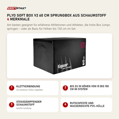 tiguar Plyo Soft Box V2 60 cm Sprungbox aus Schaumstoff mit 4 Merkmalen: Klettverbindung, Bis zu 10 Höhen von 15 bis 150 cm im System, Stoßdämpfender Schaumstoff, Rutschfeste und wasserdichte PVC-Hülle