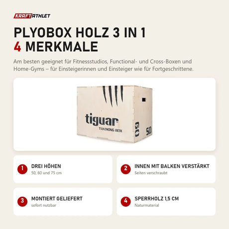 tiguar Plyobox Holz 3 in 1 mit 4 Merkmalen: Drei Höhen, Innen mit Balken verstärkt, Montiert geliefert, Sperrholz 1,5 cm