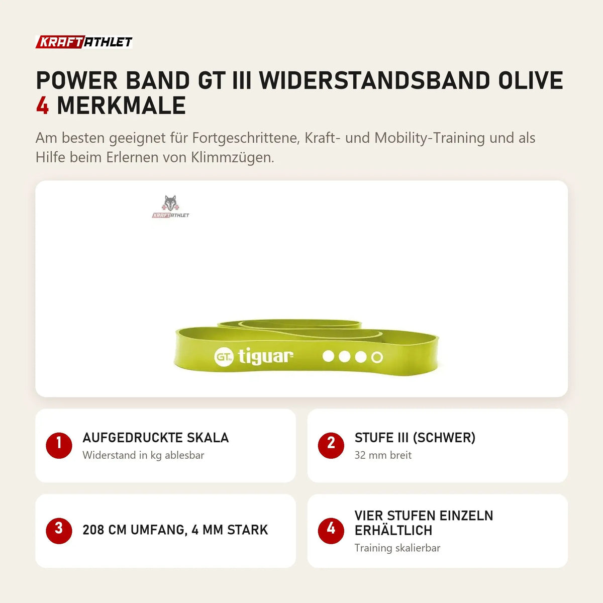 tiguar Power Band GT III Widerstandsband Olive mit 4 Merkmalen: Aufgedruckte Skala, Stufe III (schwer), 208 cm Umfang, 4 mm stark, Vier Stufen einzeln erhältlich