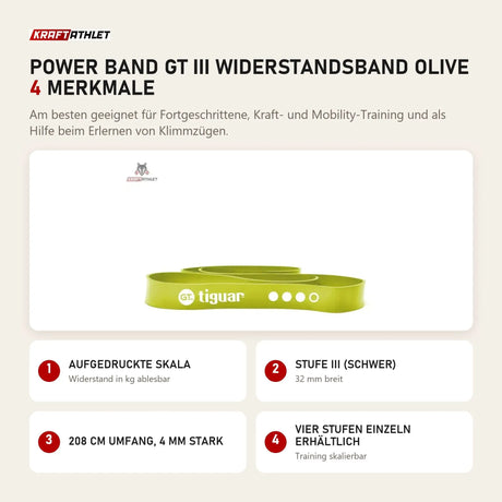 tiguar Power Band GT III Widerstandsband Olive mit 4 Merkmalen: Aufgedruckte Skala, Stufe III (schwer), 208 cm Umfang, 4 mm stark, Vier Stufen einzeln erhältlich