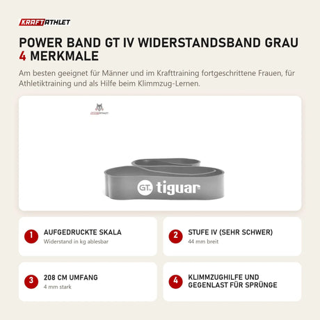 tiguar Power Band GT IV Widerstandsband Grau mit 4 Merkmalen: Aufgedruckte Skala, Stufe IV (sehr schwer), 208 cm Umfang, Klimmzughilfe und Gegenlast für Sprünge