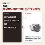 Frage und Antwort zu tiguar Power Gym Butterfly Klemmringe 28 mm (Paar): Auf welche Stange passen die Klemmringe?
