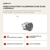 tiguar Power Gym Butterfly Klemmringe 28 mm (Paar) mit 4 Merkmalen: Für 28-mm-Butterfly-Stangen, Scheibenwechsel in Sekunden, Zerkratzt die Stange nicht, Leicht zu bedienen