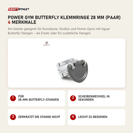 tiguar Power Gym Butterfly Klemmringe 28 mm (Paar) mit 4 Merkmalen: Für 28-mm-Butterfly-Stangen, Scheibenwechsel in Sekunden, Zerkratzt die Stange nicht, Leicht zu bedienen