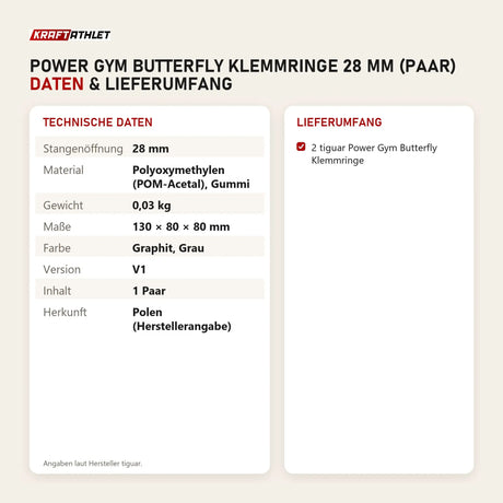 Technische Daten und Lieferumfang von tiguar Power Gym Butterfly Klemmringe 28 mm (Paar) als Tabelle