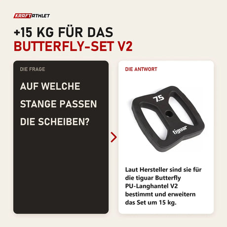 Frage und Antwort zu tiguar Power Gym Butterfly Scheiben 7,5 kg V2 (Paar): Auf welche Stange passen die Scheiben?
