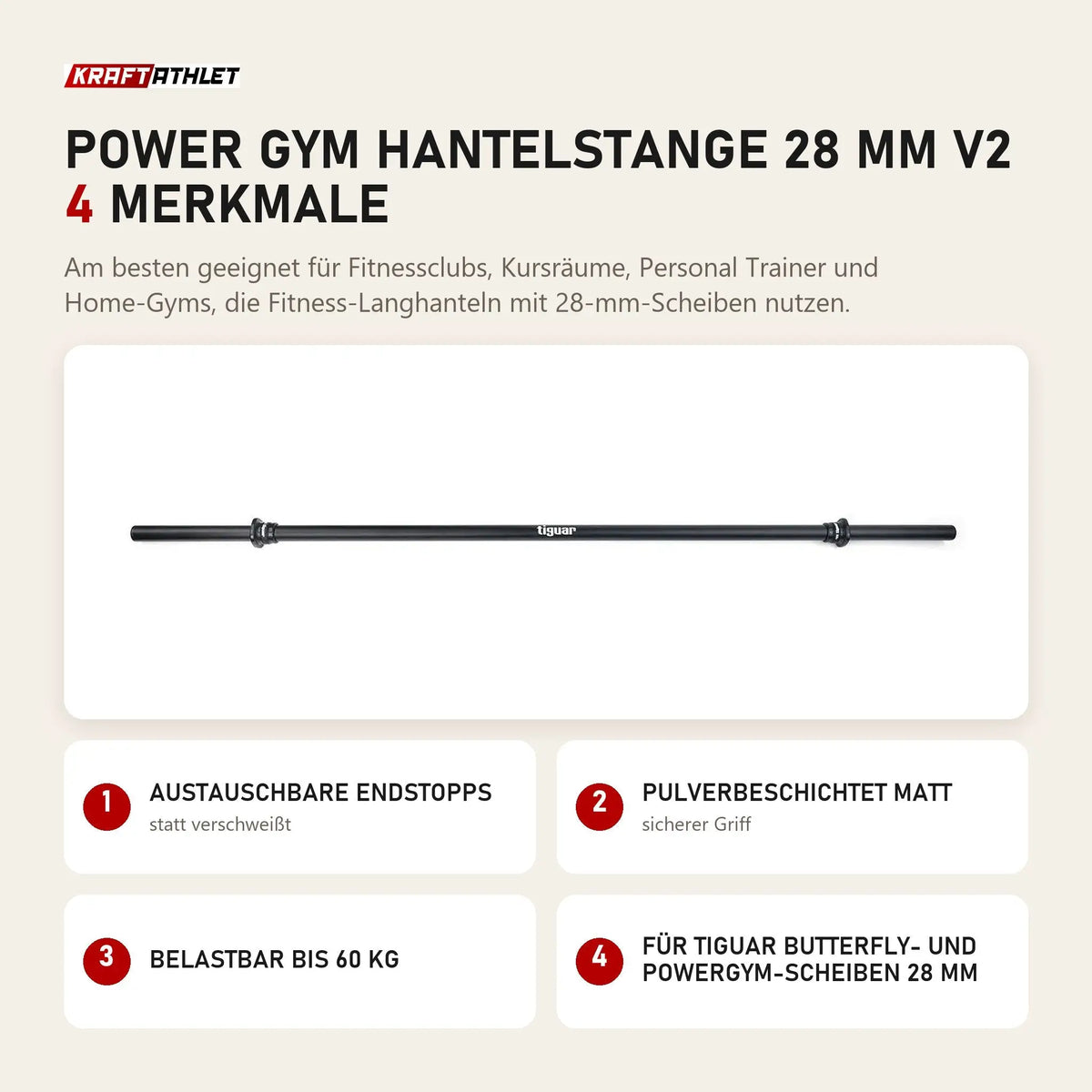 tiguar Power Gym Hantelstange 28 mm V2 mit 4 Merkmalen: Austauschbare Endstopps, Pulverbeschichtet matt, Belastbar bis 60 kg, Für Butterfly- und Powergym-Scheiben 28 mm