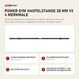 tiguar Power Gym Hantelstange 28 mm V2 mit 4 Merkmalen: Austauschbare Endstopps, Pulverbeschichtet matt, Belastbar bis 60 kg, Für Butterfly- und Powergym-Scheiben 28 mm