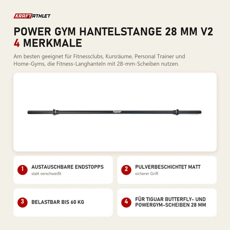 tiguar Power Gym Hantelstange 28 mm V2 mit 4 Merkmalen: Austauschbare Endstopps, Pulverbeschichtet matt, Belastbar bis 60 kg, Für Butterfly- und Powergym-Scheiben 28 mm