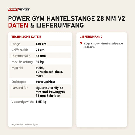 Technische Daten und Lieferumfang von tiguar Power Gym Hantelstange 28 mm V2 als Tabelle