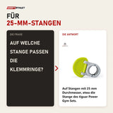 Frage und Antwort zu tiguar Power Gym Klemmringe 25 mm (Paar): Auf welche Stange passen die Klemmringe?