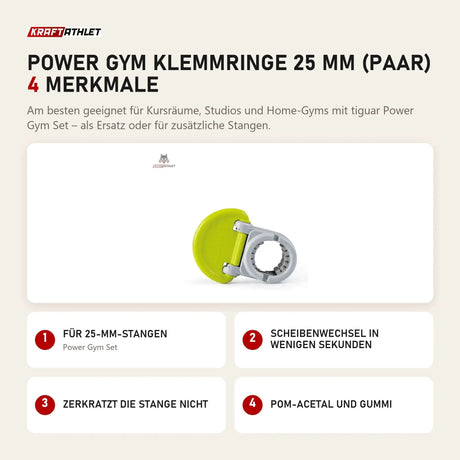 tiguar Power Gym Klemmringe 25 mm (Paar) mit 4 Merkmalen: Für 25-mm-Stangen, Scheibenwechsel in wenigen Sekunden, Zerkratzt die Stange nicht, POM-Acetal und Gummi