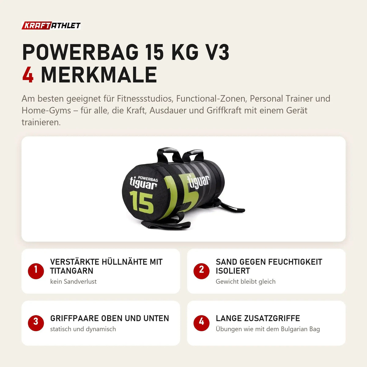 tiguar Powerbag 15 kg V3 mit 4 Merkmalen: Verstärkte Hüllnähte mit Titangarn, Sand gegen Feuchtigkeit isoliert, Griffpaare oben und unten, Lange Zusatzgriffe