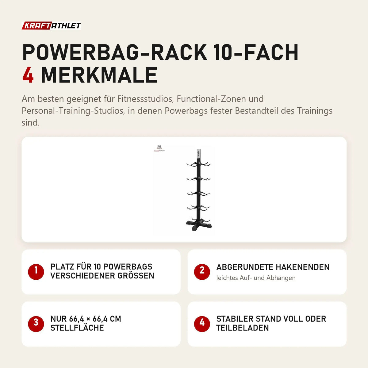 tiguar Powerbag-Rack 10-fach mit 4 Merkmalen: Platz für 10 Powerbags verschiedener Größen, Abgerundete Hakenenden, Nur 66,4 × 66,4 cm Stellfläche, Stabiler Stand voll oder teilbeladen