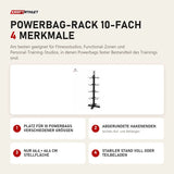 tiguar Powerbag-Rack 10-fach mit 4 Merkmalen: Platz für 10 Powerbags verschiedener Größen, Abgerundete Hakenenden, Nur 66,4 × 66,4 cm Stellfläche, Stabiler Stand voll oder teilbeladen