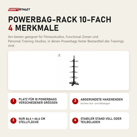 tiguar Powerbag-Rack 10-fach mit 4 Merkmalen: Platz für 10 Powerbags verschiedener Größen, Abgerundete Hakenenden, Nur 66,4 × 66,4 cm Stellfläche, Stabiler Stand voll oder teilbeladen