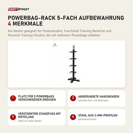 tiguar Powerbag-Rack 5-fach Aufbewahrung mit 4 Merkmalen: Platz für 5 Powerbags verschiedener Größen, Abgerundete Hakenenden, Verstärkter Standfuß mit Riffelung, Stahl aus 3-mm-Profilen