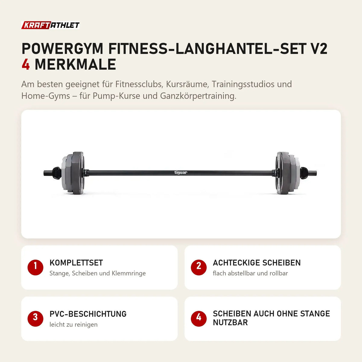 tiguar Powergym Fitness-Langhantel-Set v2 mit 4 Merkmalen: Komplettset, Achteckige Scheiben, PVC-Beschichtung, Scheiben auch ohne Stange nutzbar