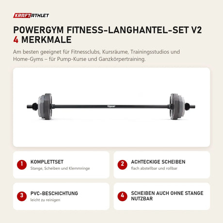 tiguar Powergym Fitness-Langhantel-Set v2 mit 4 Merkmalen: Komplettset, Achteckige Scheiben, PVC-Beschichtung, Scheiben auch ohne Stange nutzbar