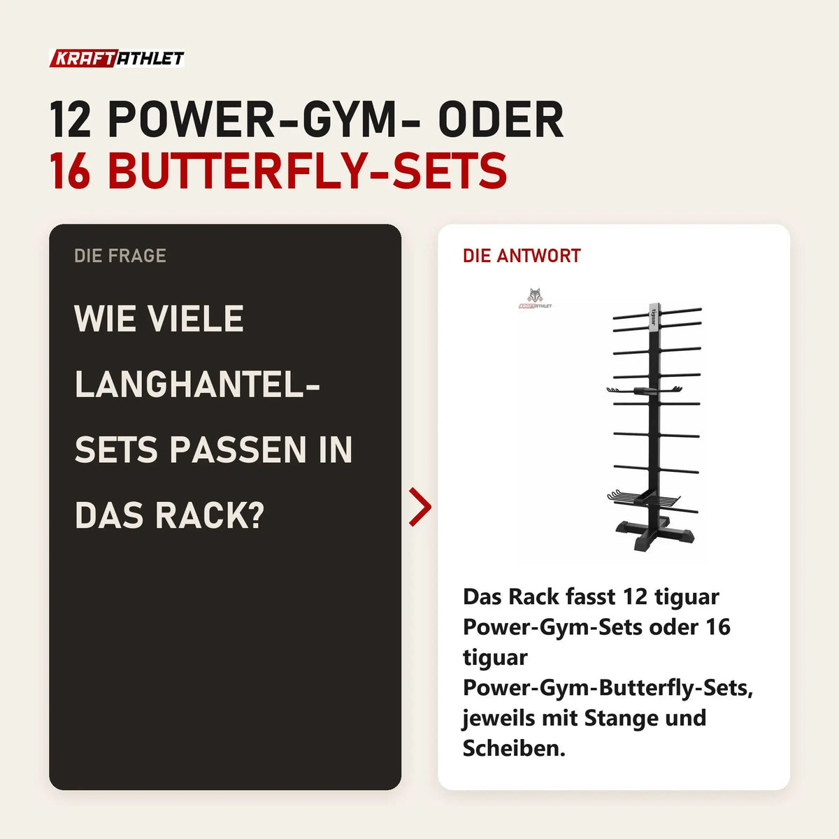 Frage und Antwort zu tiguar Powergym-Rack 12/16 Hantelständer: Wie viele Langhantel-Sets passen in das Rack?