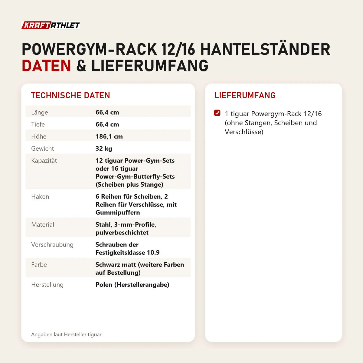 Technische Daten und Lieferumfang von tiguar Powergym-Rack 12/16 Hantelständer als Tabelle