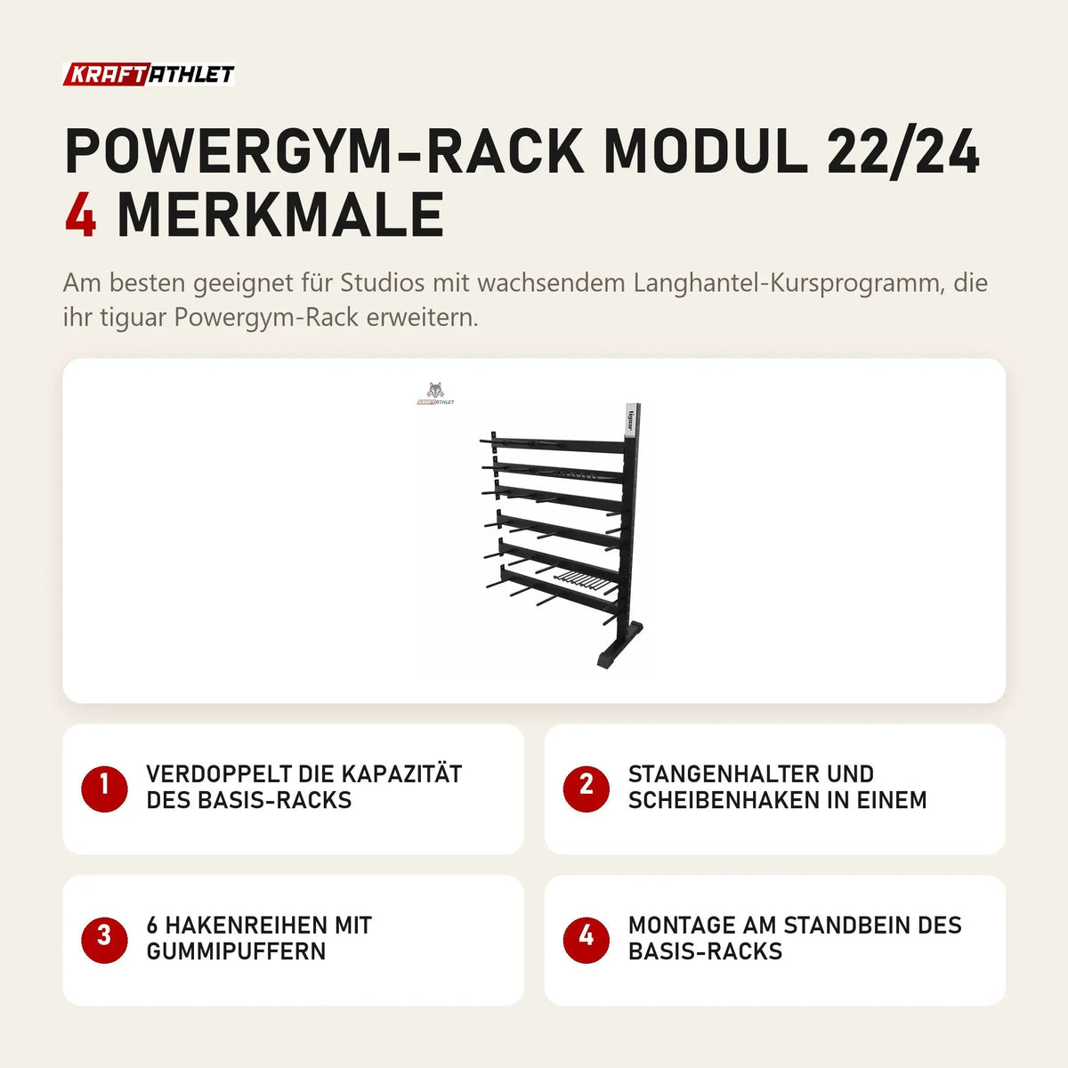 tiguar Powergym-Rack Modul 22/24 mit 4 Merkmalen: Verdoppelt die Kapazität des Basis-Racks, Stangenhalter und Scheibenhaken in einem, 6 Hakenreihen mit Gummipuffern, Montage am Standbein des Basis-Racks