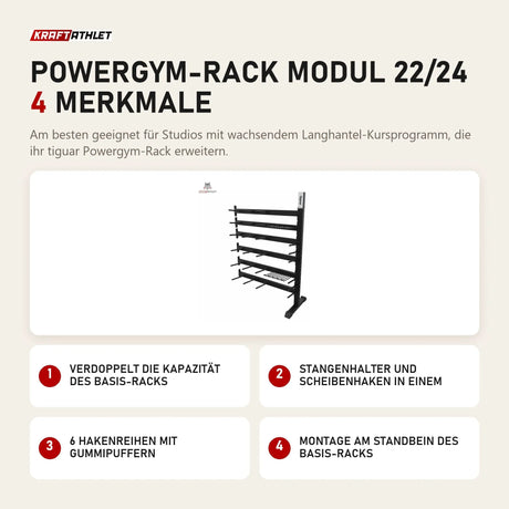tiguar Powergym-Rack Modul 22/24 mit 4 Merkmalen: Verdoppelt die Kapazität des Basis-Racks, Stangenhalter und Scheibenhaken in einem, 6 Hakenreihen mit Gummipuffern, Montage am Standbein des Basis-Racks