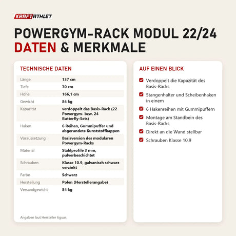 Technische Daten und Merkmale von tiguar Powergym-Rack Modul 22/24 als Tabelle