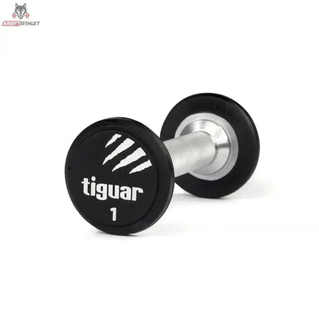 tiguar PU Kurzhantel 22,5 kg, Variante 1 kg, Schrägansicht mit Gewichtsangabe auf der Scheibe