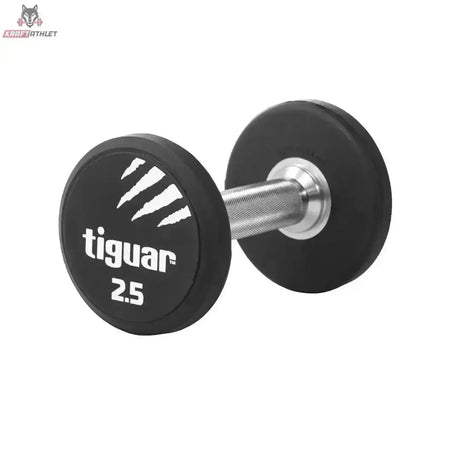 tiguar PU Kurzhantel 22,5 kg, Variante 2,5 kg, Schrägansicht mit Gewichtsangabe auf der Scheibe