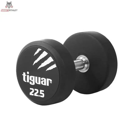 tiguar PU Kurzhantel 22,5 kg, Variante 22,5 kg, Schrägansicht mit Gewichtsangabe auf der Scheibe