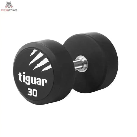 tiguar PU Kurzhantel 22,5 kg, Variante 30 kg, Schrägansicht mit Gewichtsangabe auf der Scheibe