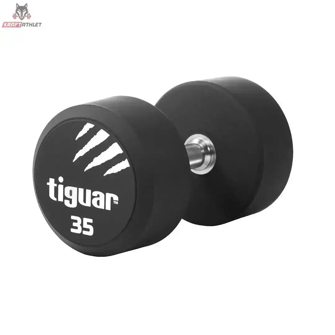tiguar PU Kurzhantel 22,5 kg, Variante 35 kg, Schrägansicht mit Gewichtsangabe auf der Scheibe