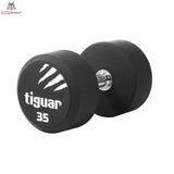 tiguar PU Kurzhantel 22,5 kg, Variante 35 kg, Schrägansicht mit Gewichtsangabe auf der Scheibe