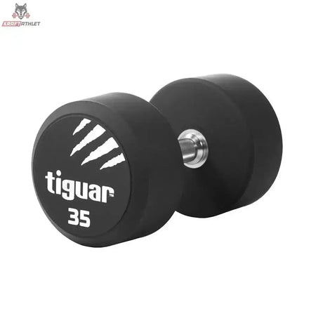 tiguar PU Kurzhantel 22,5 kg, Variante 35 kg, Schrägansicht mit Gewichtsangabe auf der Scheibe