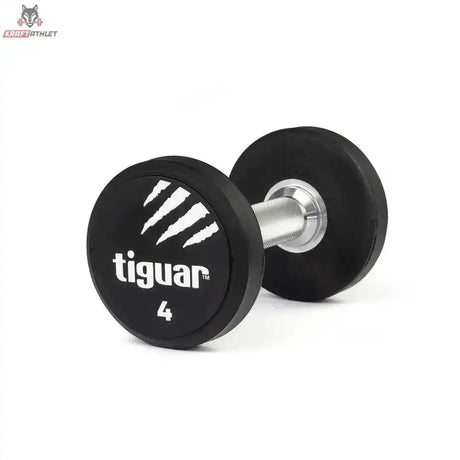 tiguar PU Kurzhantel 22,5 kg, Variante 4 kg, Schrägansicht mit Gewichtsangabe auf der Scheibe