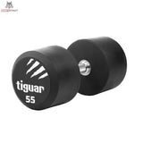 tiguar PU Kurzhantel 22,5 kg, Variante 55 kg, Schrägansicht mit Gewichtsangabe auf der Scheibe