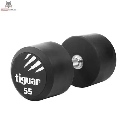 tiguar PU Kurzhantel 22,5 kg, Variante 55 kg, Schrägansicht mit Gewichtsangabe auf der Scheibe
