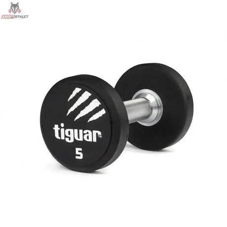 tiguar PU Kurzhantel 22,5 kg, Variante 5 kg, Schrägansicht mit Gewichtsangabe auf der Scheibe