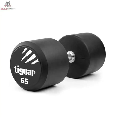 tiguar PU Kurzhantel 22,5 kg, Variante 65 kg, Schrägansicht mit Gewichtsangabe auf der Scheibe