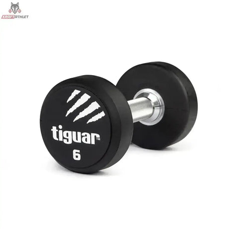 tiguar PU Kurzhantel 22,5 kg, Variante 6 kg, Schrägansicht mit Gewichtsangabe auf der Scheibe