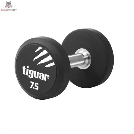 tiguar PU Kurzhantel 22,5 kg, Variante 7,5 kg, Schrägansicht mit Gewichtsangabe auf der Scheibe