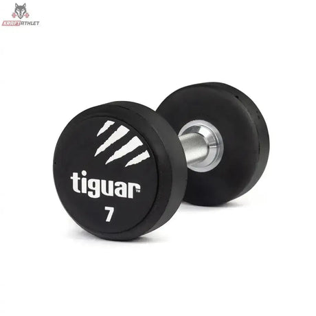 tiguar PU Kurzhantel 22,5 kg, Variante 7 kg, Schrägansicht mit Gewichtsangabe auf der Scheibe