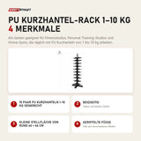 tiguar PU Kurzhantel-Rack 1–10 kg mit 4 Merkmalen: 10 Paar PU Kurzhanteln 1–10 kg senkrecht, Beidseitig, Kleine Stellfläche von rund 66 × 66 cm, Geriffelte Füße